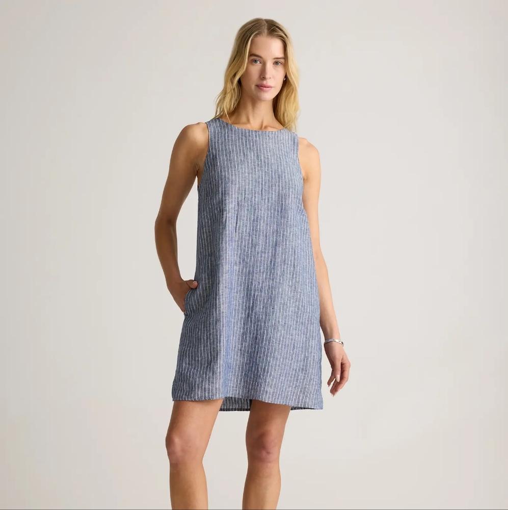 Quince 100% European Linen Tank Mini Dress NWT Chambray Blue Striped Medium